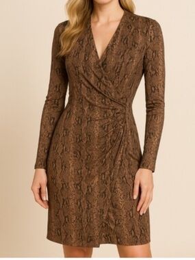 Norma Kamali Brown Snake-Print Long Sleeve Faux Wrap Dress